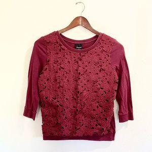 Wallpapher Cranberry Top‎ Crochet Lace Detail Popover 3/4 Sleeve Burgundy